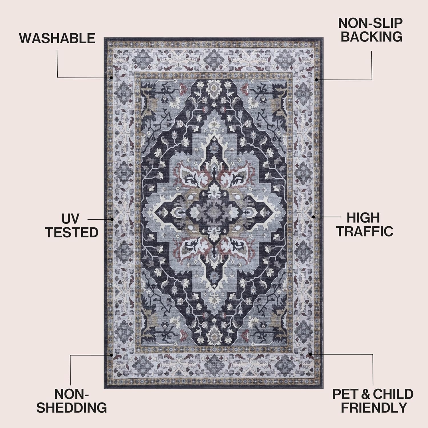image:imageJONATHAN Y Washable Superbia Boho Medallion Border MachineWashable Polyester Runner Rug 2 x 8 Beige and Cream Traditional Vintage LowPile Indoor Rug for Hallway WSH502G28GrayCharcoal