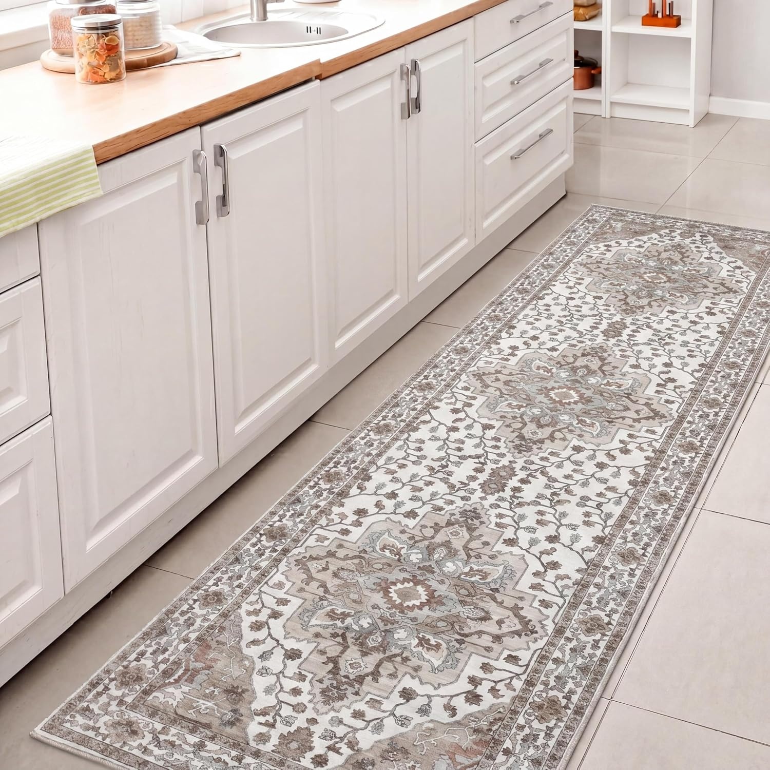 image:imageJONATHAN Y Washable Superbia Boho Medallion Border MachineWashable Polyester Runner Rug 2 x 8 Beige and Cream Traditional Vintage LowPile Indoor Rug for Hallway WSH502G28BeigeCream