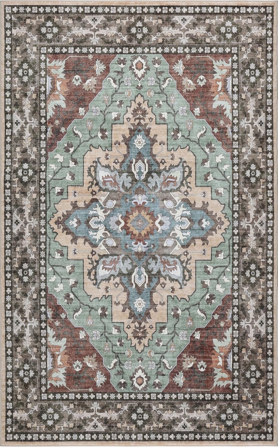 image:imageJONATHAN Y Washable Superbia Boho Medallion Border MachineWashable Polyester Runner Rug 2 x 8 Beige and Cream Traditional Vintage LowPile Indoor Rug for Hallway WSH502G28GreenBrown