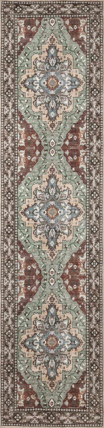 image:imageJONATHAN Y Washable Superbia Boho Medallion Border MachineWashable Polyester Runner Rug 2 x 8 Beige and Cream Traditional Vintage LowPile Indoor Rug for Hallway WSH502G28GreenBrown