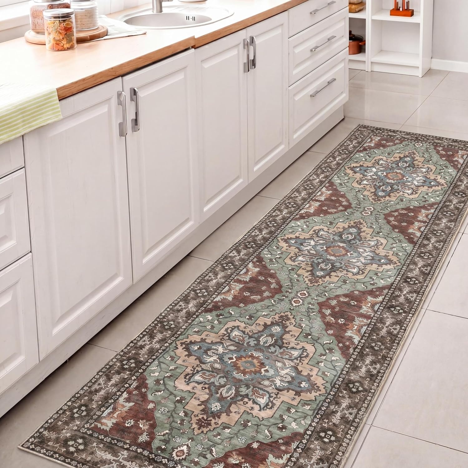 image:imageJONATHAN Y Washable Superbia Boho Medallion Border MachineWashable Polyester Runner Rug 2 x 8 Beige and Cream Traditional Vintage LowPile Indoor Rug for Hallway WSH502G28GreenBrown