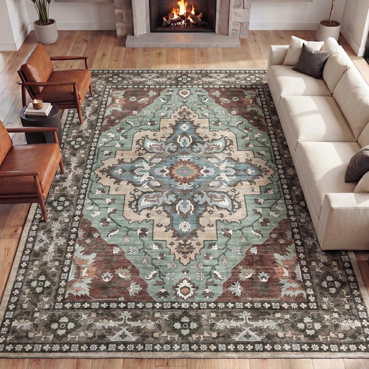 image:imageJONATHAN Y Washable Superbia Boho Medallion Border MachineWashable Polyester Runner Rug 2 x 8 Beige and Cream Traditional Vintage LowPile Indoor Rug for Hallway WSH502G28GreenBrown
