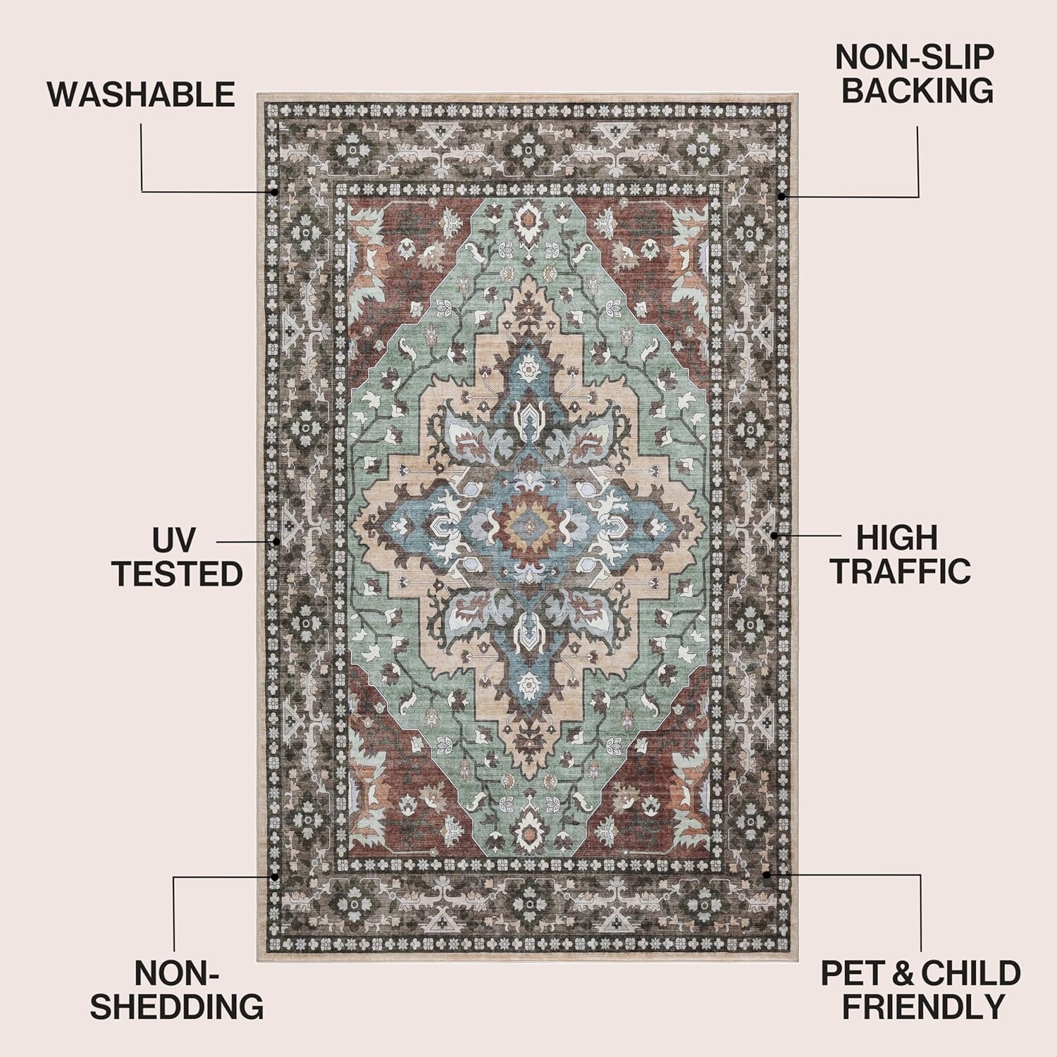 image:imageJONATHAN Y Washable Superbia Boho Medallion Border MachineWashable Polyester Runner Rug 2 x 8 Beige and Cream Traditional Vintage LowPile Indoor Rug for Hallway WSH502G28GreenBrown