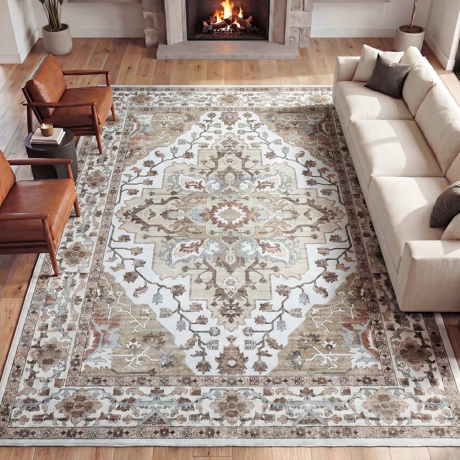 image:imageJONATHAN Y Washable Superbia Boho Medallion Border MachineWashable Polyester Runner Rug 2 x 8 Beige and Cream Traditional Vintage LowPile Indoor Rug for Hallway WSH502G28BeigeCream