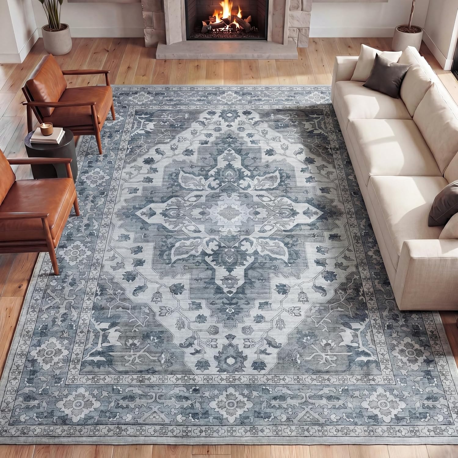 image:imageJONATHAN Y Washable Superbia Boho Medallion Border MachineWashable Polyester Runner Rug 2 x 8 Beige and Cream Traditional Vintage LowPile Indoor Rug for Hallway WSH502G28BlueGray