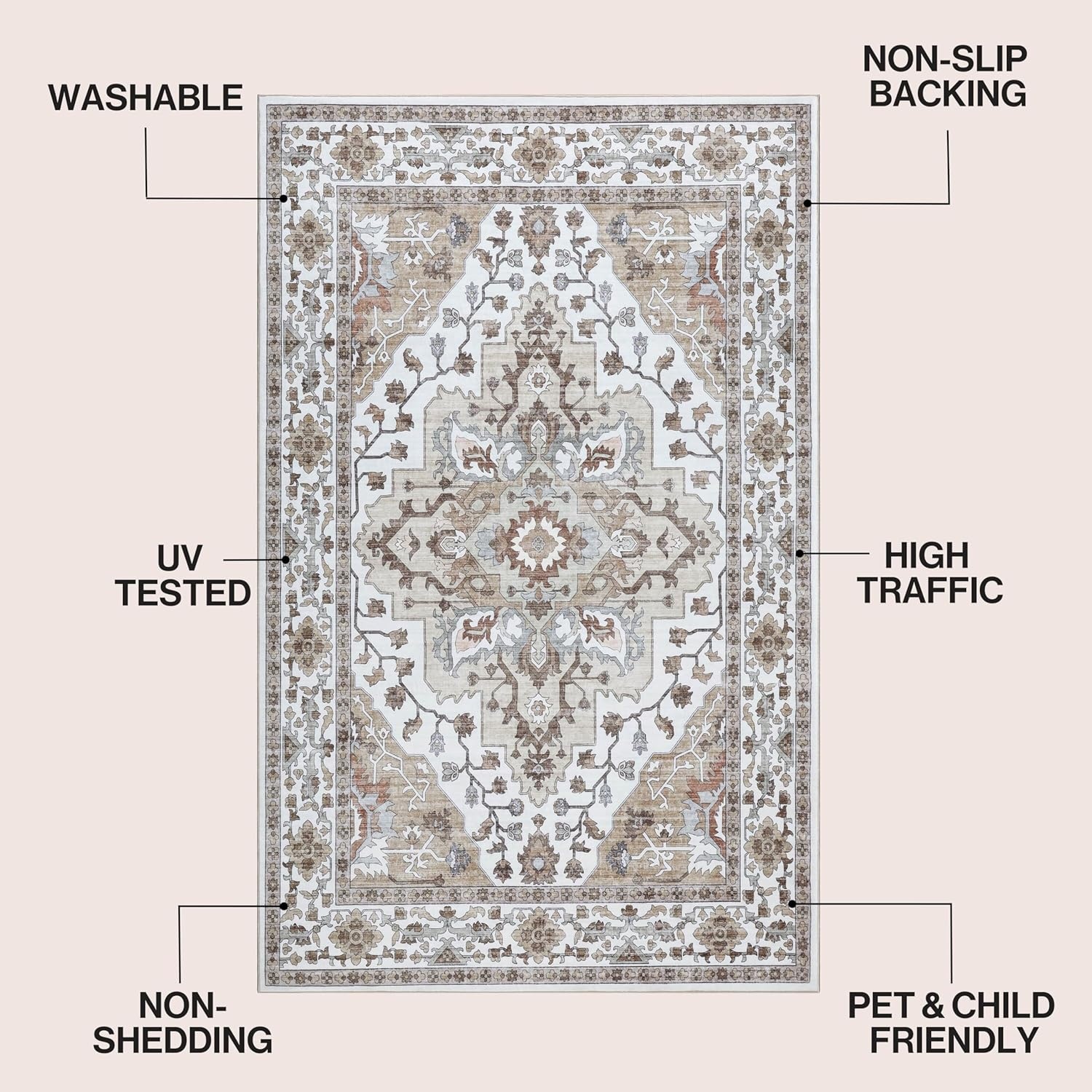 image:imageJONATHAN Y Washable Superbia Boho Medallion Border MachineWashable Polyester Runner Rug 2 x 8 Beige and Cream Traditional Vintage LowPile Indoor Rug for Hallway WSH502G28BeigeCream