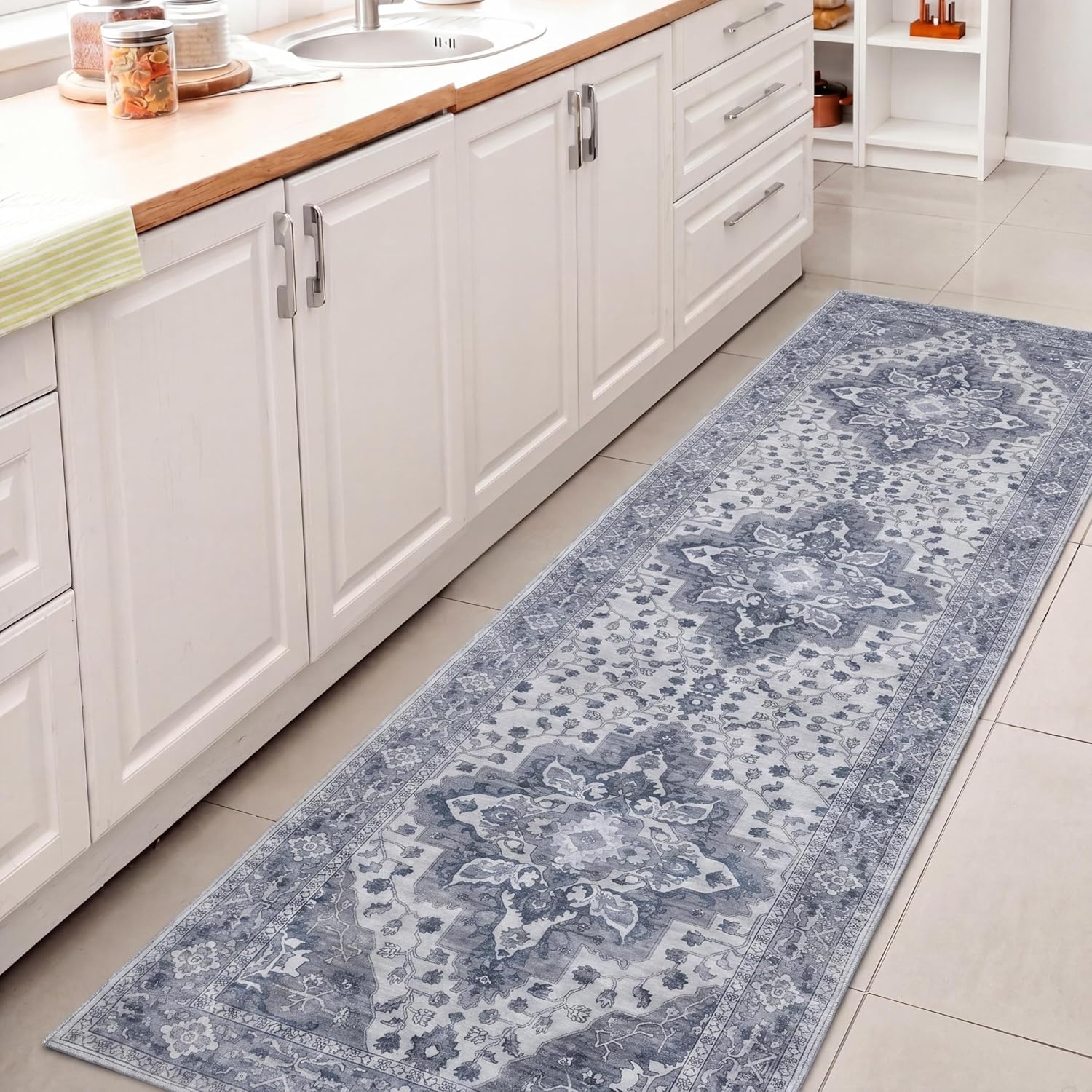 image:imageJONATHAN Y Washable Superbia Boho Medallion Border MachineWashable Polyester Runner Rug 2 x 8 Beige and Cream Traditional Vintage LowPile Indoor Rug for Hallway WSH502G28BlueGray