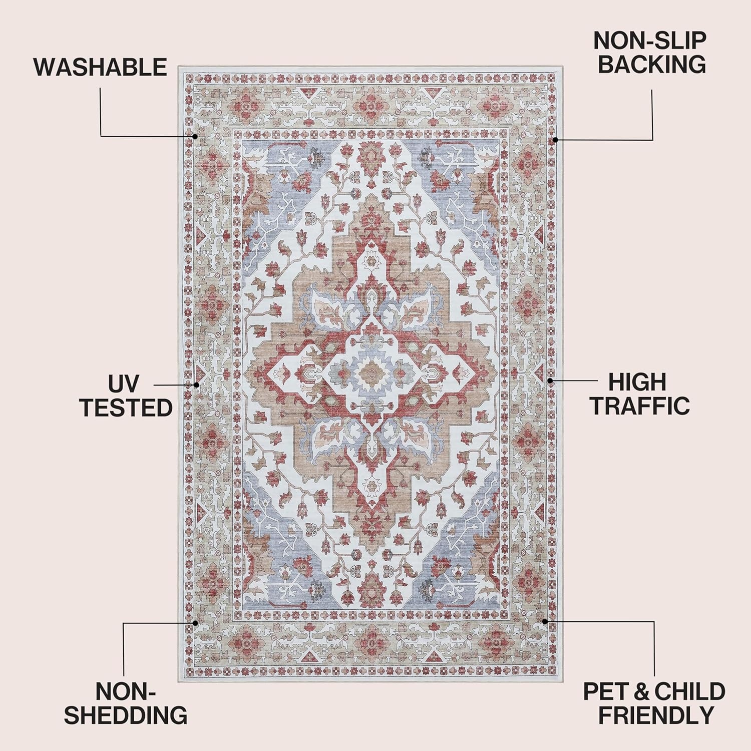 image:imageJONATHAN Y Washable Superbia Boho Medallion Border MachineWashable Polyester Runner Rug 2 x 8 Beige and Cream Traditional Vintage LowPile Indoor Rug for Hallway WSH502G28Rose ClayCream