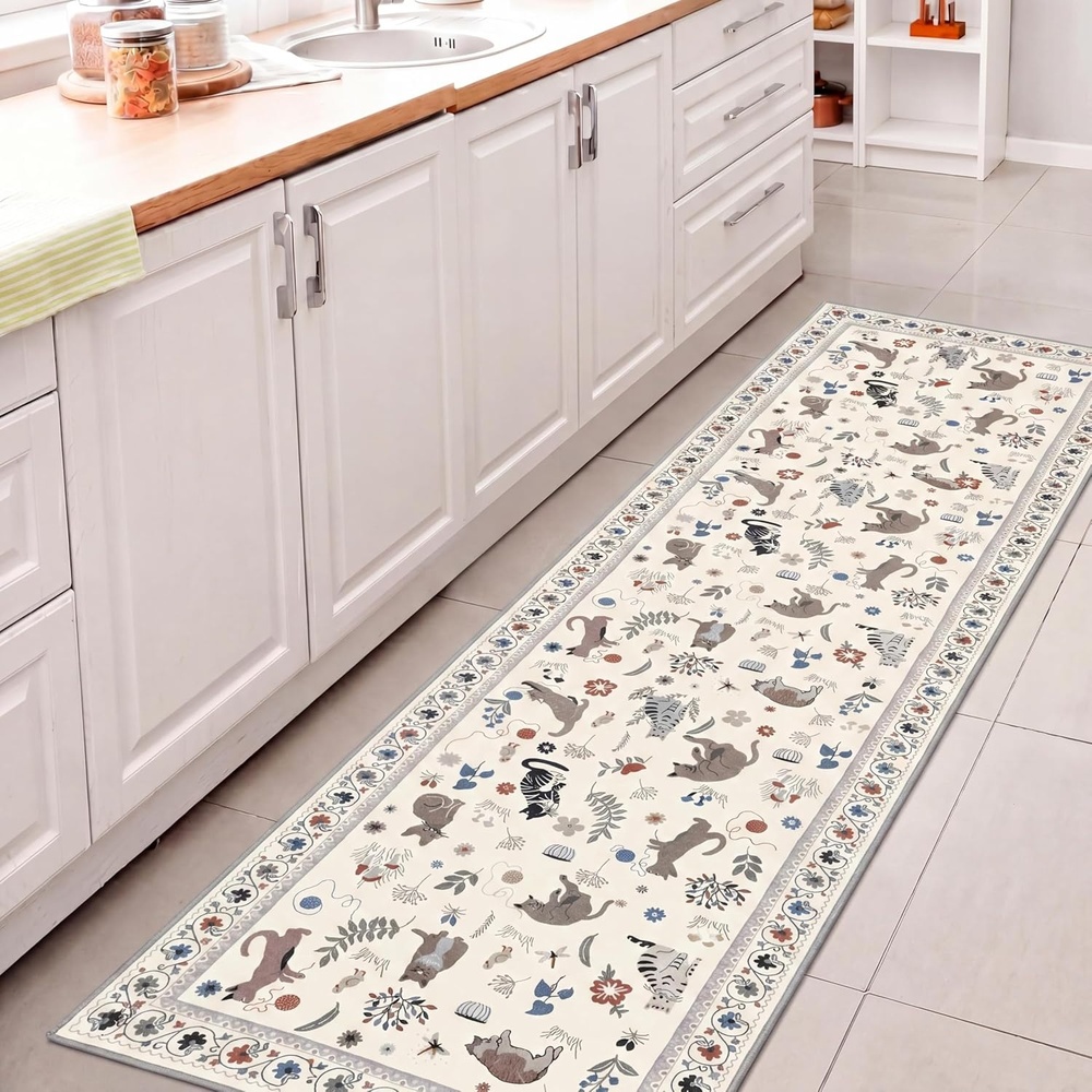 image:imageJONATHAN Y Animal Washable Polyester MachineWashable Runner Rug Charcoal Catmosphere Festive Feline Floral Border Design 2 x 8 Whimsical LowPile with NonSlip Backing for Hallway ANM100C28Ivory