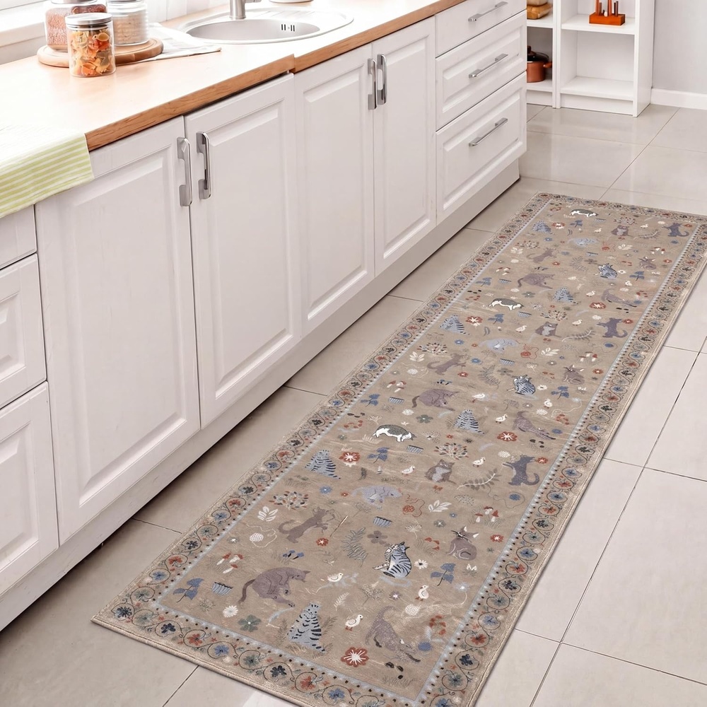 image:imageJONATHAN Y Animal Washable Polyester MachineWashable Runner Rug Charcoal Catmosphere Festive Feline Floral Border Design 2 x 8 Whimsical LowPile with NonSlip Backing for Hallway ANM100C28Tan