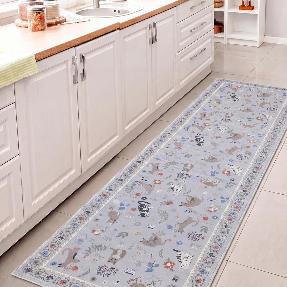 image:imageJONATHAN Y Animal Washable Polyester MachineWashable Runner Rug Charcoal Catmosphere Festive Feline Floral Border Design 2 x 8 Whimsical LowPile with NonSlip Backing for Hallway ANM100C28Grey