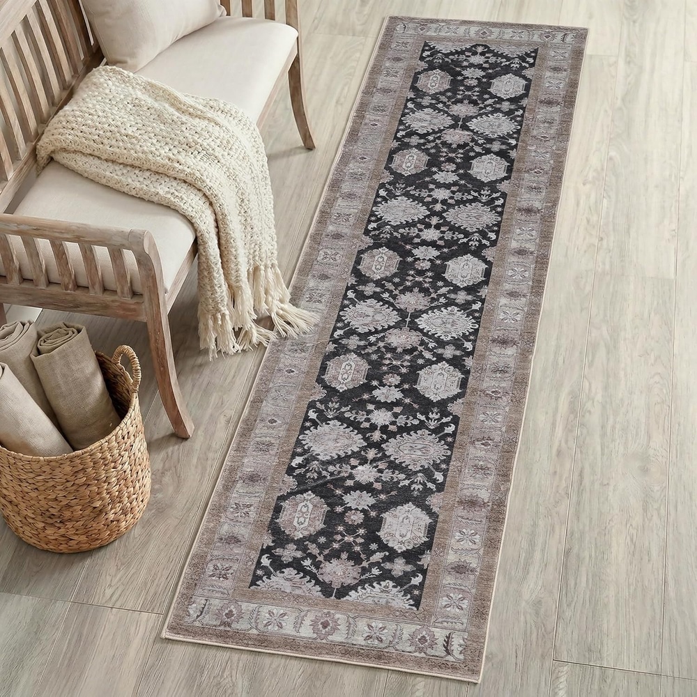 image:imageJONATHAN Y Patina Washable Polyester MachineWashable Runner Rug Charcoal and Beige Kisara Oushak Style Distressed Border 2 x 8 Vintage LowPile with NonSlip Backing Hallway PTN101B28CharcoalBeige