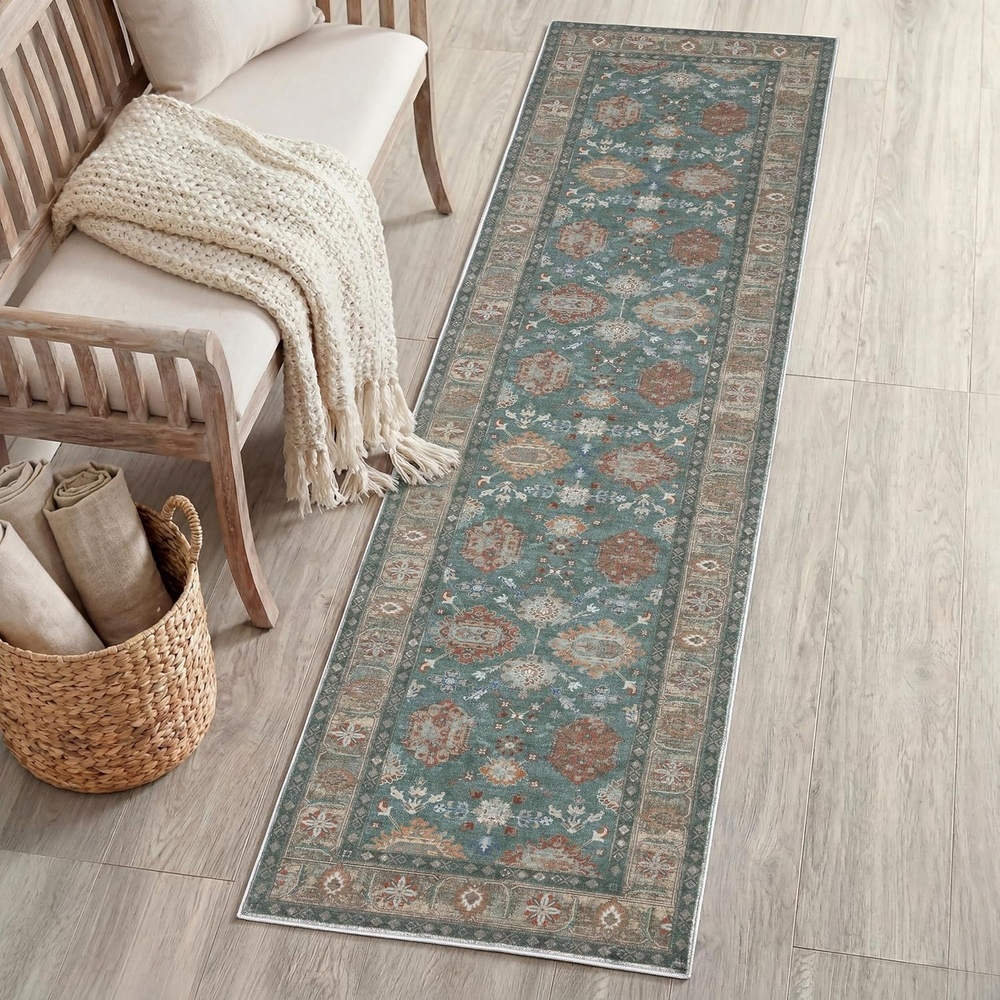 image:imageJONATHAN Y Patina Washable Polyester MachineWashable Runner Rug Charcoal and Beige Kisara Oushak Style Distressed Border 2 x 8 Vintage LowPile with NonSlip Backing Hallway PTN101B28GreenBrown