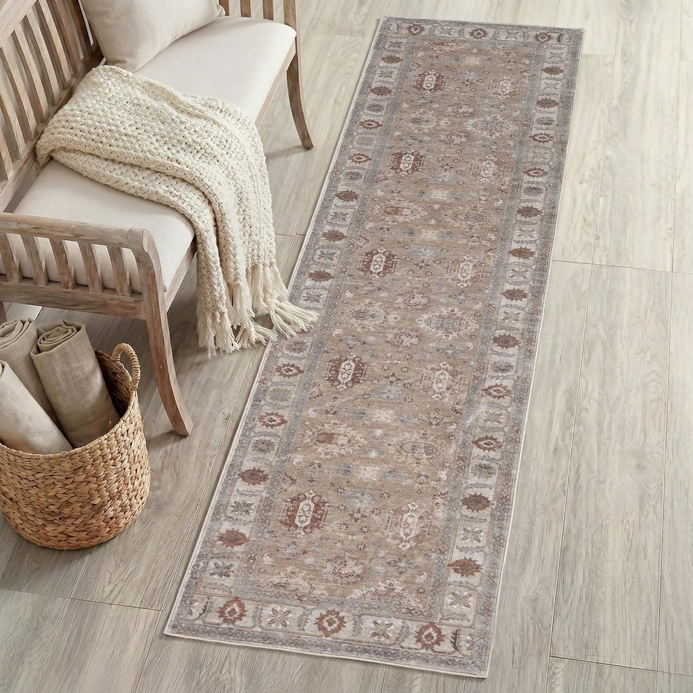 image:imageJONATHAN Y Patina Washable Polyester MachineWashable Runner Rug Charcoal and Beige Kisara Oushak Style Distressed Border 2 x 8 Vintage LowPile with NonSlip Backing Hallway PTN101B28BeigeCream