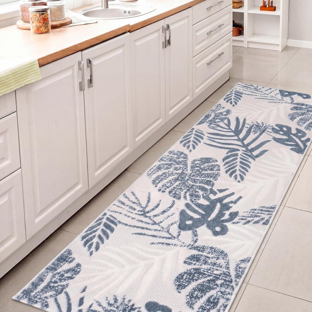 image:imageJONATHAN Y Tropical Leaf Indoor Outdoor Runner Rug 2X8 CreamDark Blue Monstera HighLow for Backyard Patio Porch EasyCleaning High Traffic PetFriendly NonShedding AMC113E28CreamDark Blue
