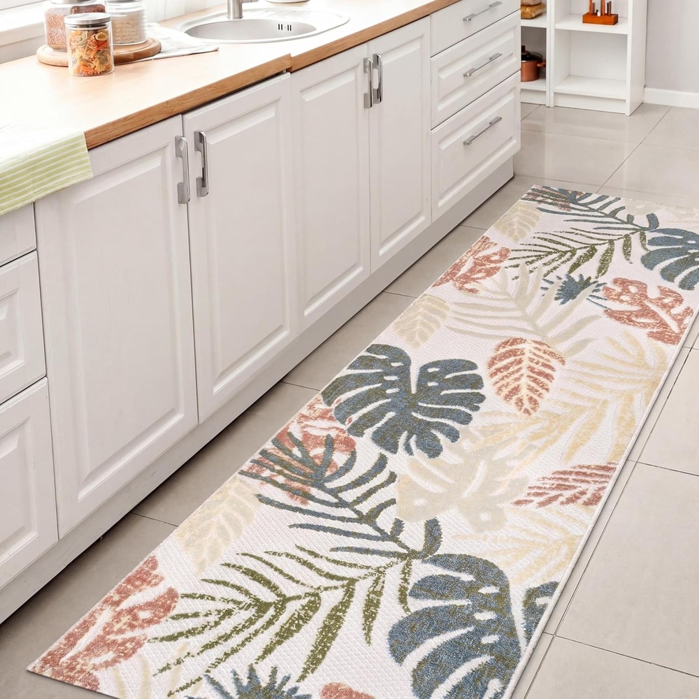 image:imageJONATHAN Y Tropical Leaf Indoor Outdoor Runner Rug 2X8 CreamDark Blue Monstera HighLow for Backyard Patio Porch EasyCleaning High Traffic PetFriendly NonShedding AMC113E28CreamMulti