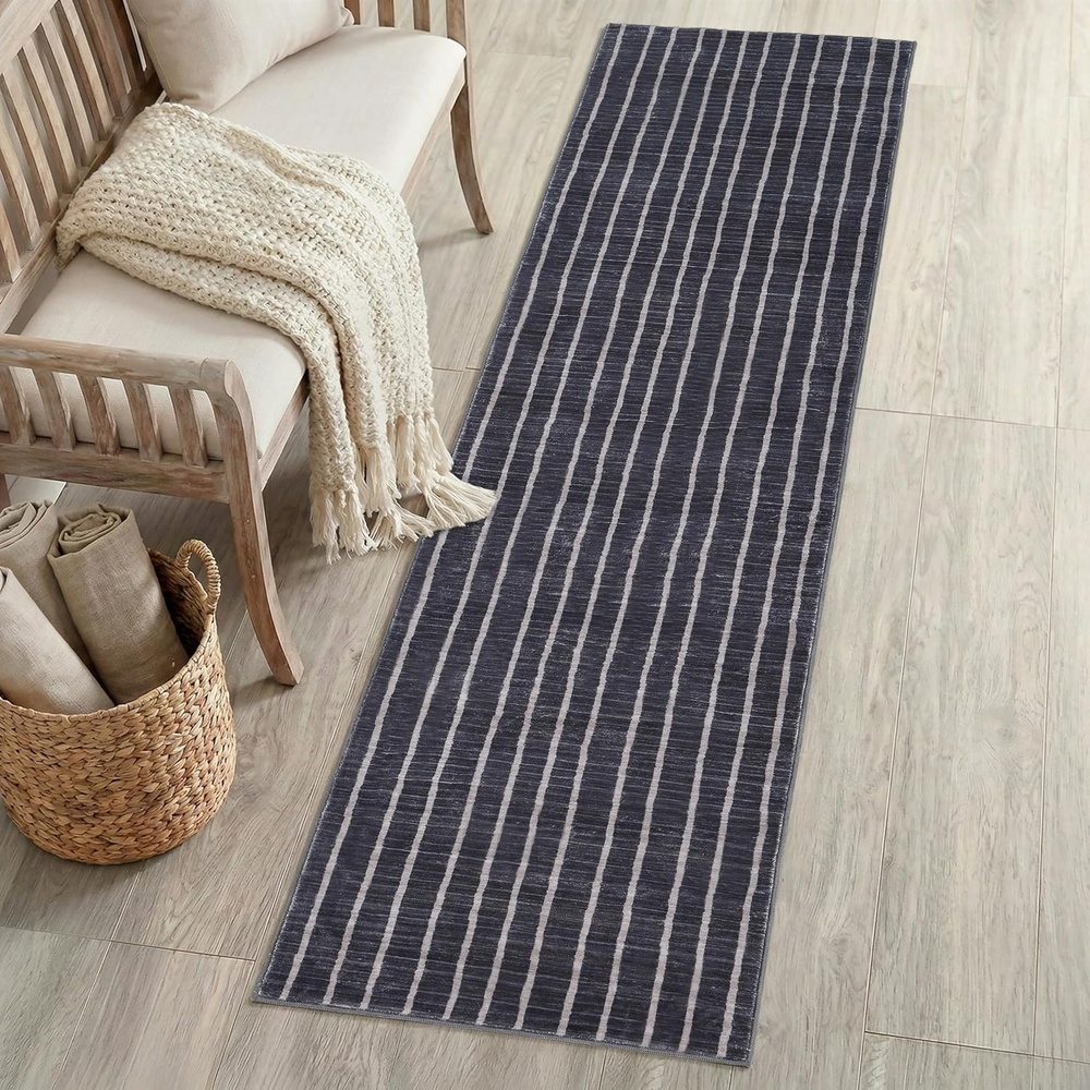 image:imageJONATHAN Y Washable Orton Distressed Ticking Stripe 2 x 8 MachineWashable Polyester Runner Rug Beige and Cream Farmhouse Vintage Style with Low Pile for Hallway WSH519F28CharcoalCream