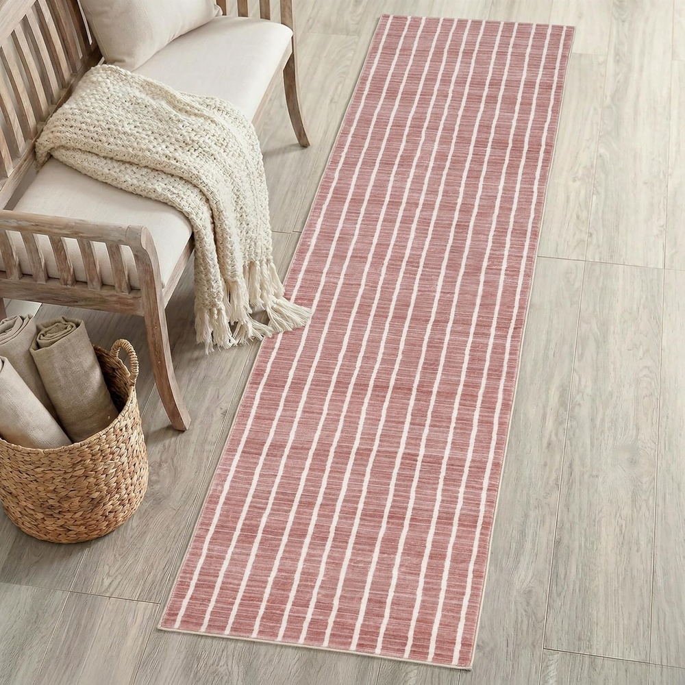 image:imageJONATHAN Y Washable Orton Distressed Ticking Stripe 2 x 8 MachineWashable Polyester Runner Rug Beige and Cream Farmhouse Vintage Style with Low Pile for Hallway WSH519F28Rose ClayCream