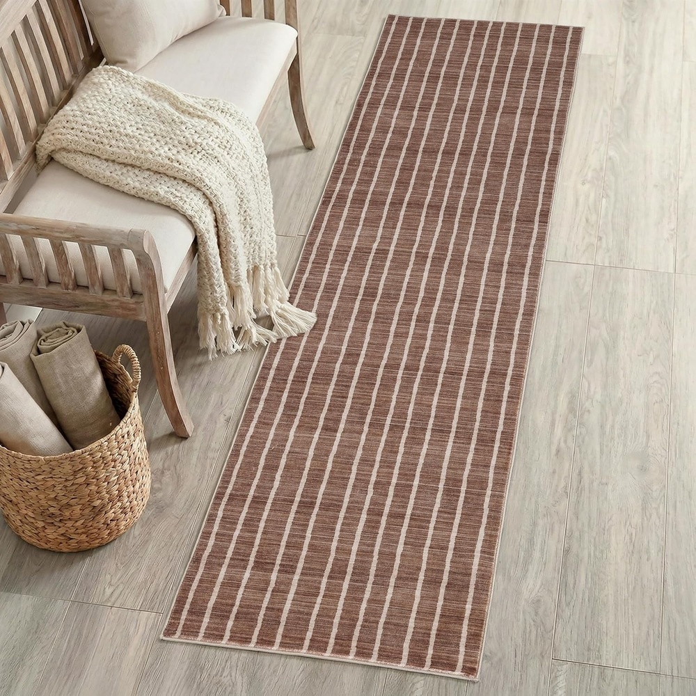 image:imageJONATHAN Y Washable Orton Distressed Ticking Stripe 2 x 8 MachineWashable Polyester Runner Rug Beige and Cream Farmhouse Vintage Style with Low Pile for Hallway WSH519F28BrownCream