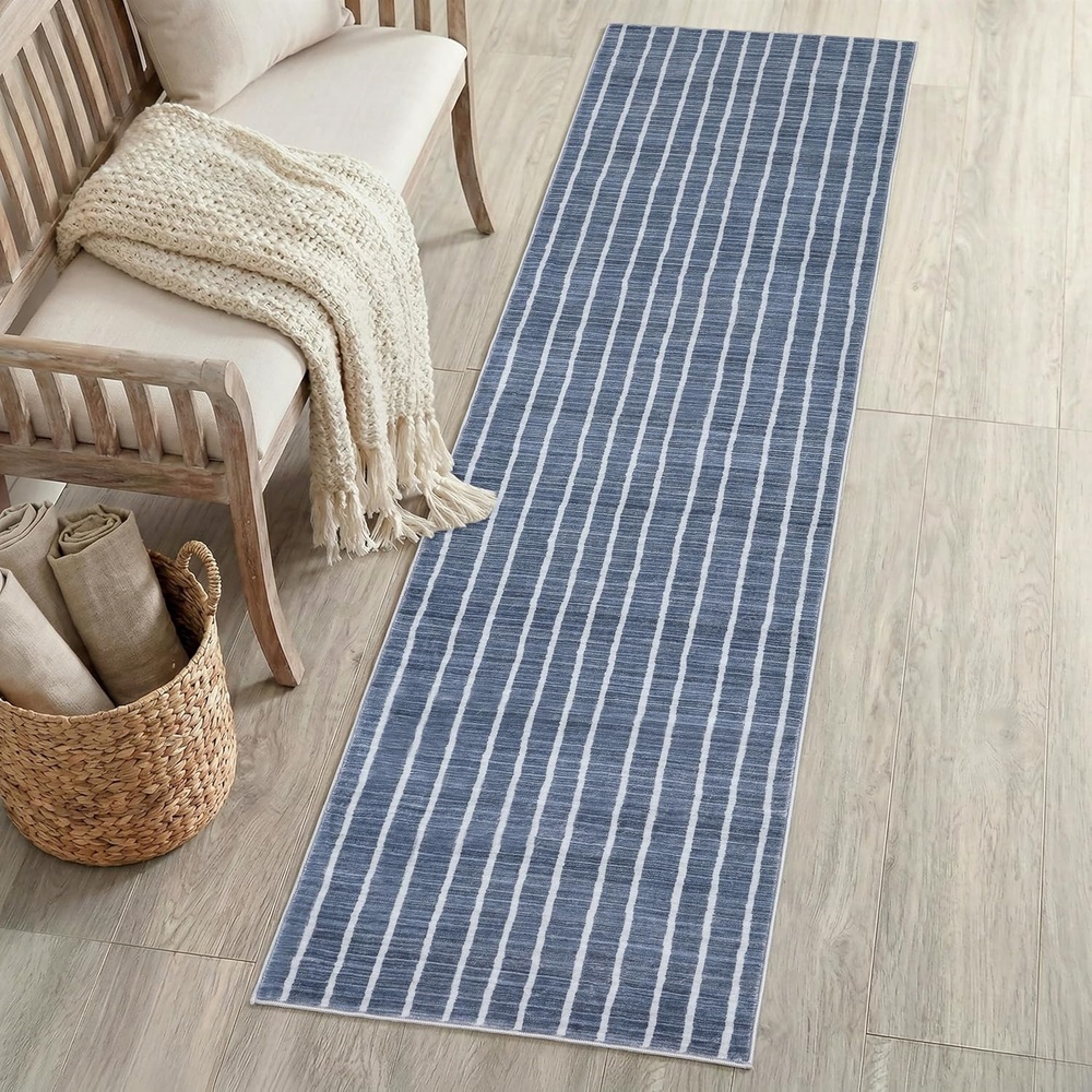 image:imageJONATHAN Y Washable Orton Distressed Ticking Stripe 2 x 8 MachineWashable Polyester Runner Rug Beige and Cream Farmhouse Vintage Style with Low Pile for Hallway WSH519F28NavyCream