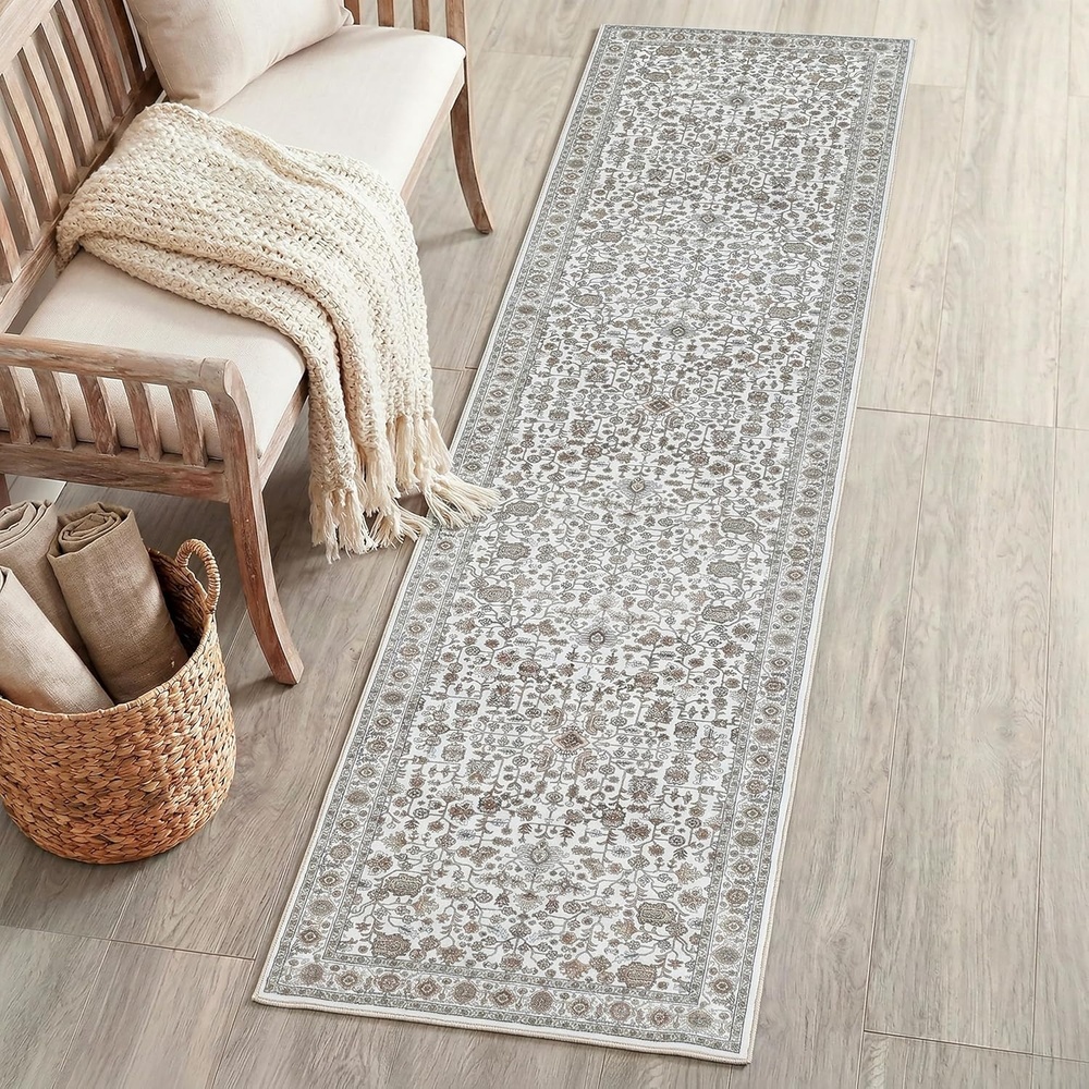 image:imageJONATHAN Y Washable Polyester MachineWashable Runner Rug with Traditional Medallion Floral Border Rose Clay and Ivory 2 x 8 Vintage Low Pile for Hallway WSH504H28BeigeIvory