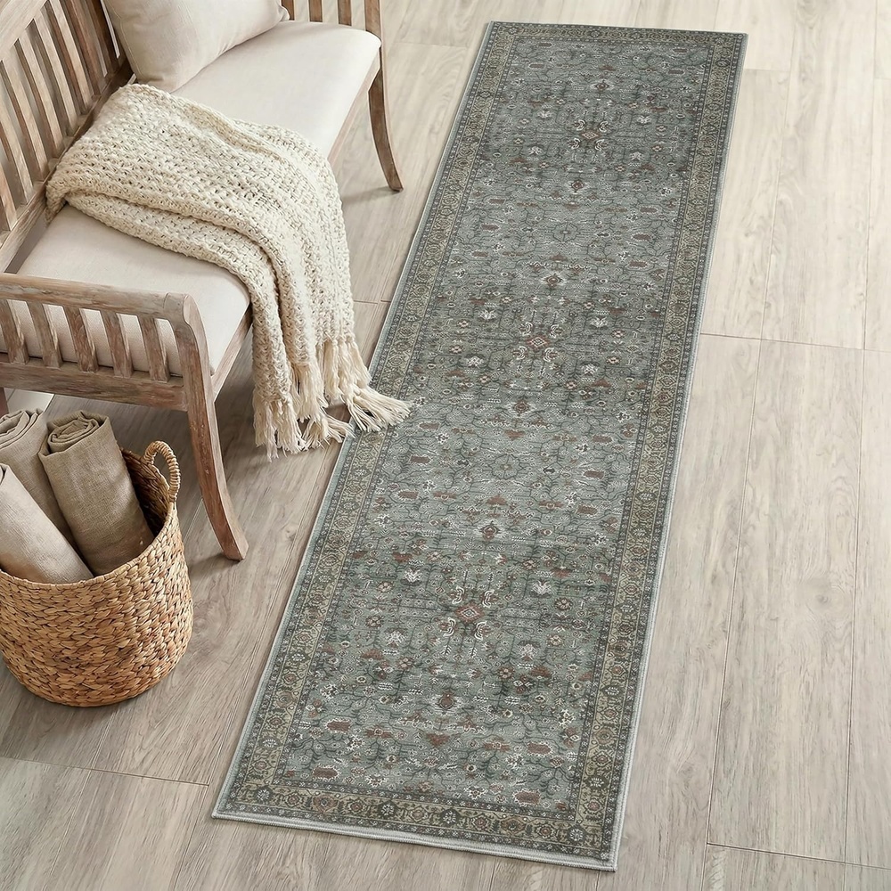 image:imageJONATHAN Y Washable Polyester MachineWashable Runner Rug with Traditional Medallion Floral Border Rose Clay and Ivory 2 x 8 Vintage Low Pile for Hallway WSH504H28GreenBrown
