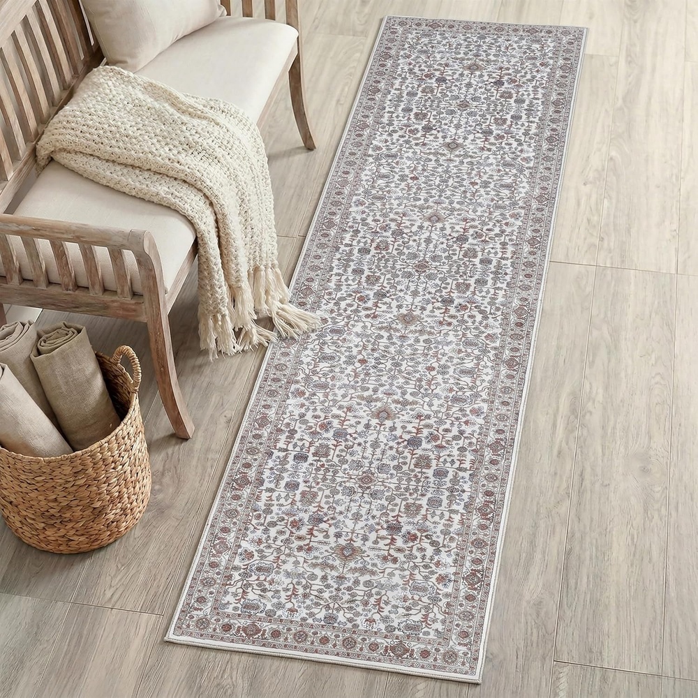 image:imageJONATHAN Y Washable Polyester MachineWashable Runner Rug with Traditional Medallion Floral Border Rose Clay and Ivory 2 x 8 Vintage Low Pile for Hallway WSH504H28Rose ClayIvory