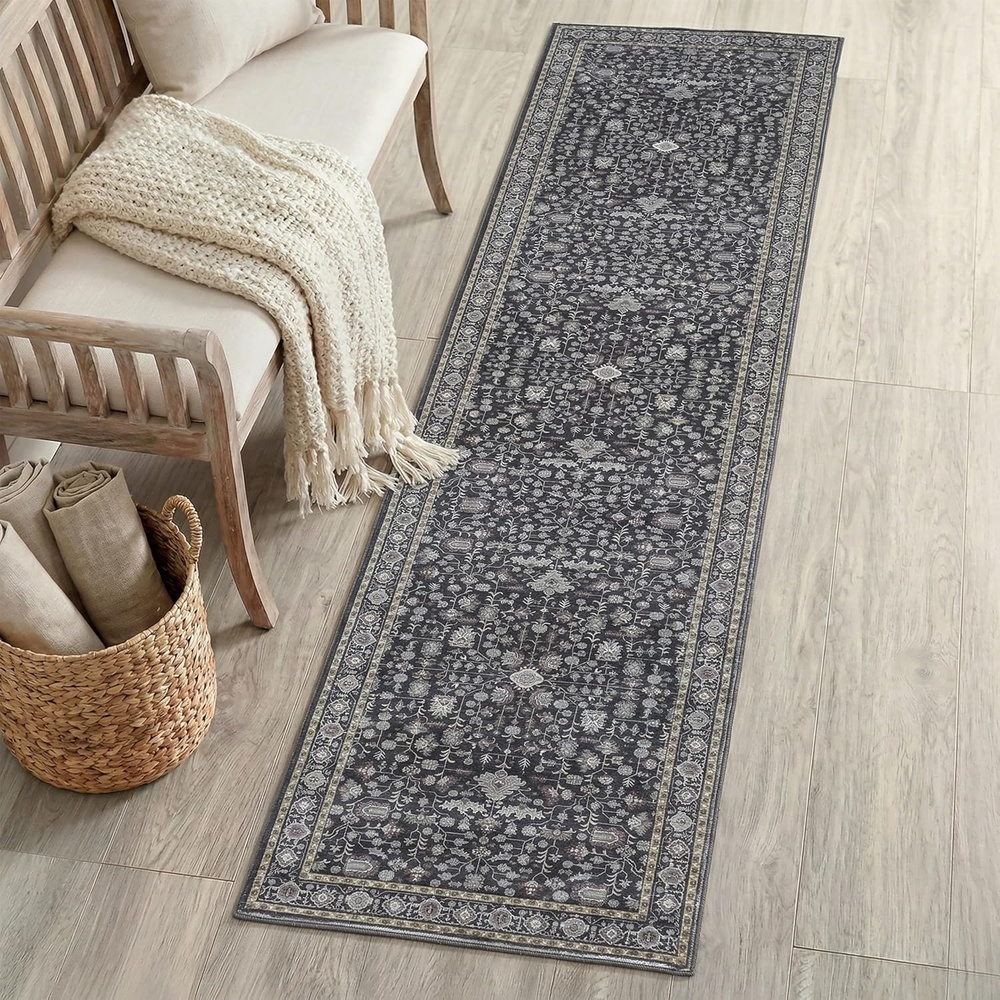 image:imageJONATHAN Y Washable Polyester MachineWashable Runner Rug with Traditional Medallion Floral Border Rose Clay and Ivory 2 x 8 Vintage Low Pile for Hallway WSH504H28CharcoalIvory