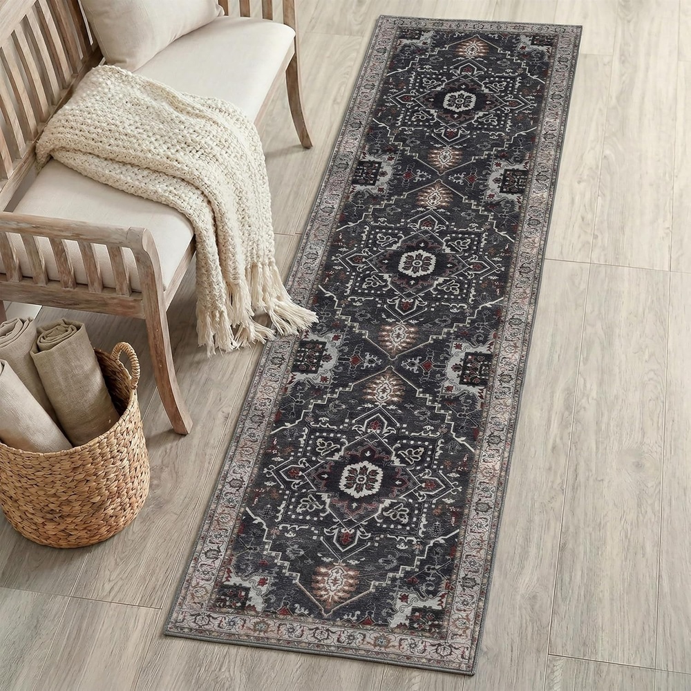 image:imageJONATHAN Y Washable Sersi Ornate Large Medallion Border 2 x 8 Runner Rug Rose Clay and Cream Vintage Bohemian MachineWashable LowPile Polyester with NonSlip Backing for Hallway WSH505G28CharcoalIvory