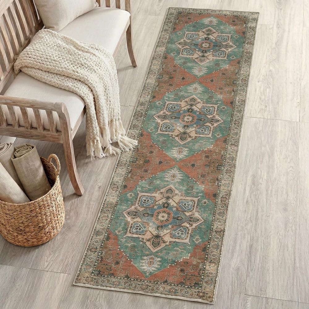 image:imageJONATHAN Y Washable Sersi Ornate Large Medallion Border 2 x 8 Runner Rug Rose Clay and Cream Vintage Bohemian MachineWashable LowPile Polyester with NonSlip Backing for Hallway WSH505G28GreenBrown