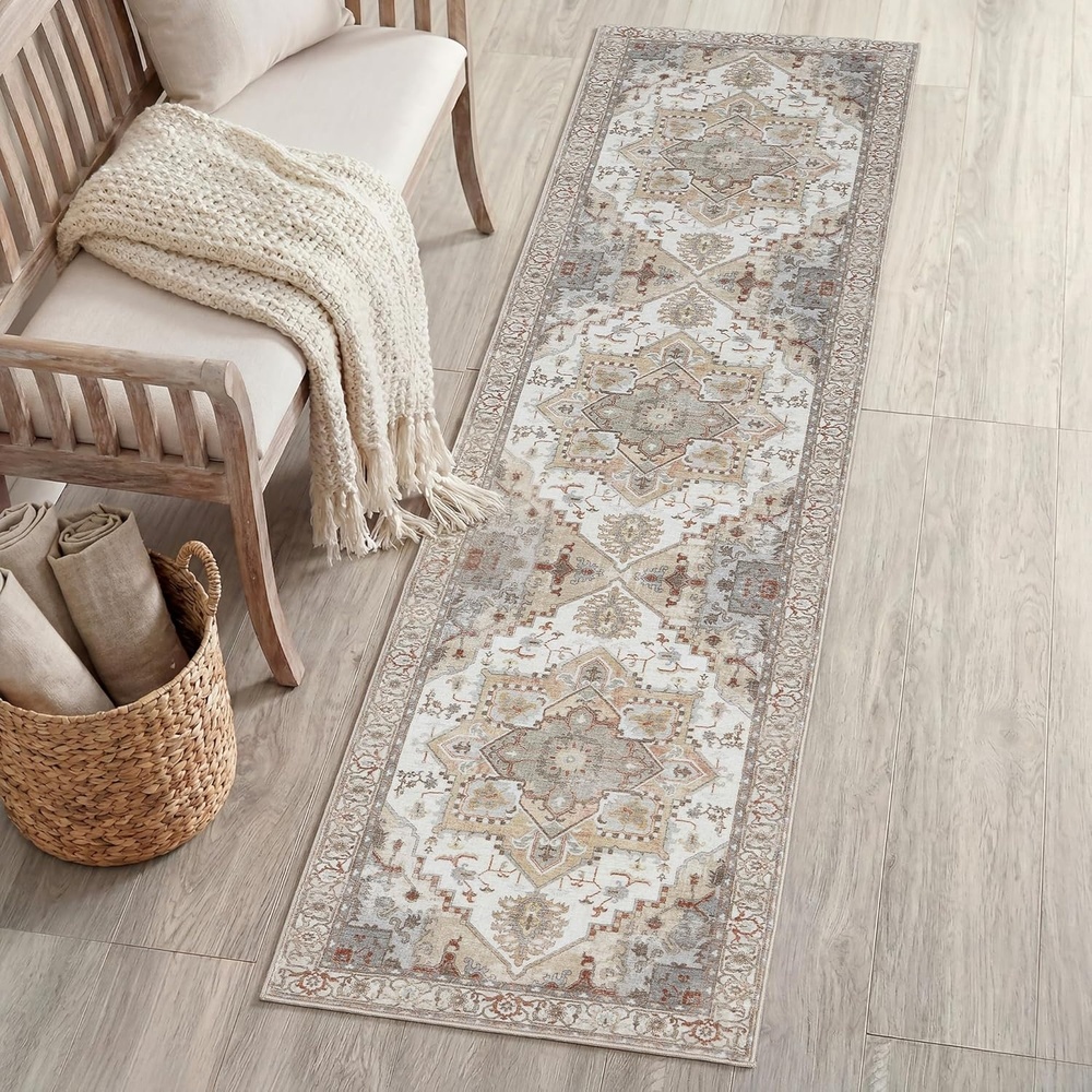 image:imageJONATHAN Y Washable Sersi Ornate Large Medallion Border 2 x 8 Runner Rug Rose Clay and Cream Vintage Bohemian MachineWashable LowPile Polyester with NonSlip Backing for Hallway WSH505G28BeigeCream