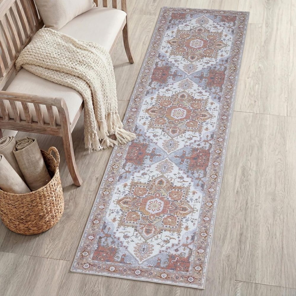 image:imageJONATHAN Y Washable Sersi Ornate Large Medallion Border 2 x 8 Runner Rug Rose Clay and Cream Vintage Bohemian MachineWashable LowPile Polyester with NonSlip Backing for Hallway WSH505G28Rose ClayCream