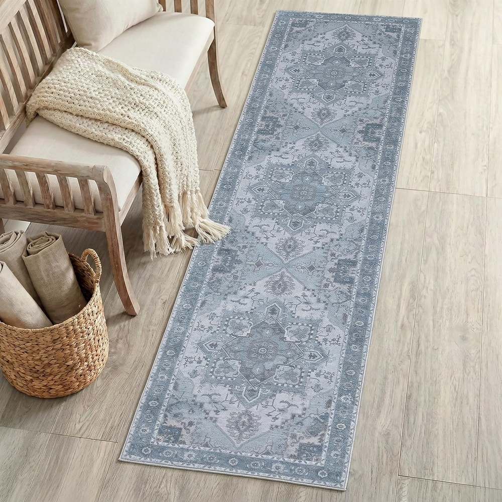 image:imageJONATHAN Y Washable Sersi Ornate Large Medallion Border 2 x 8 Runner Rug Rose Clay and Cream Vintage Bohemian MachineWashable LowPile Polyester with NonSlip Backing for Hallway WSH505G28Blue GrayCream