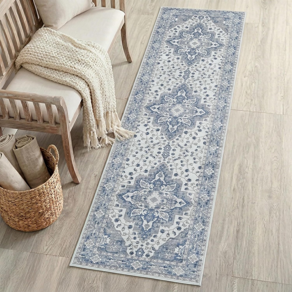 image:imageJONATHAN Y Washable Superbia Boho Medallion Border MachineWashable Polyester Runner Rug 2 x 8 Beige and Cream Traditional Vintage LowPile Indoor Rug for Hallway WSH502G28BlueGray