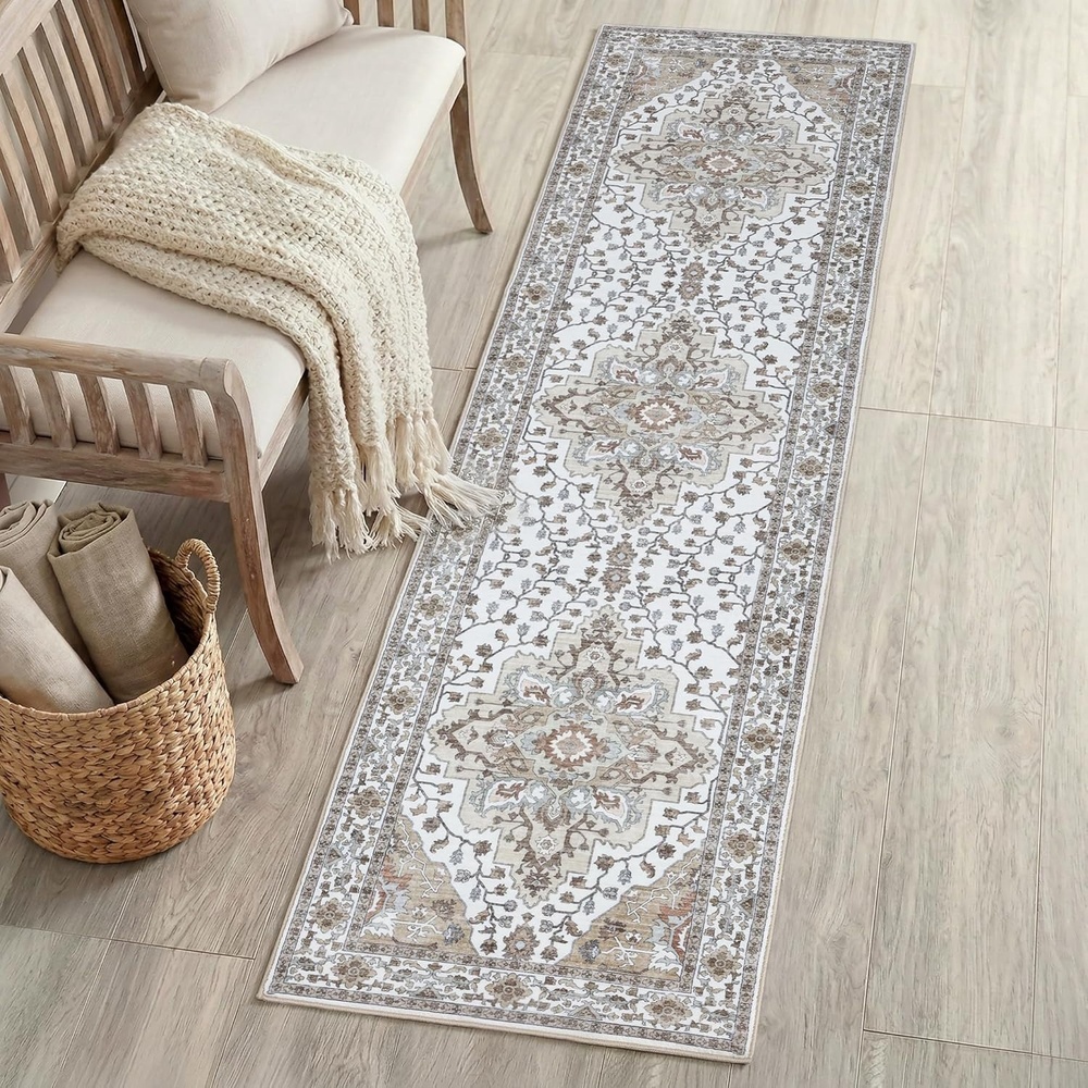 image:imageJONATHAN Y Washable Superbia Boho Medallion Border MachineWashable Polyester Runner Rug 2 x 8 Beige and Cream Traditional Vintage LowPile Indoor Rug for Hallway WSH502G28BeigeCream
