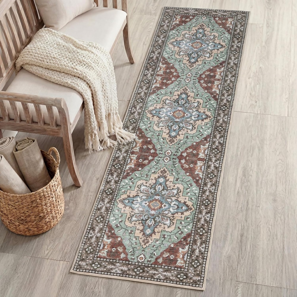 image:imageJONATHAN Y Washable Superbia Boho Medallion Border MachineWashable Polyester Runner Rug 2 x 8 Beige and Cream Traditional Vintage LowPile Indoor Rug for Hallway WSH502G28GreenBrown