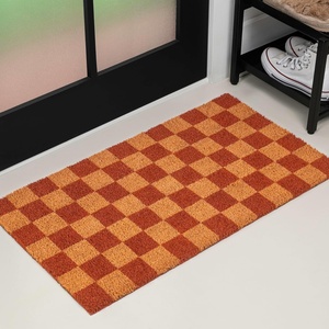 JONATHAN Y Peater Classic Casual Commercial Natural Coir Taupe 2 ft. x 8 ft. Doormat for Entrance, Front Door, Entryway CHG100C-28(Natural/Red Checker)