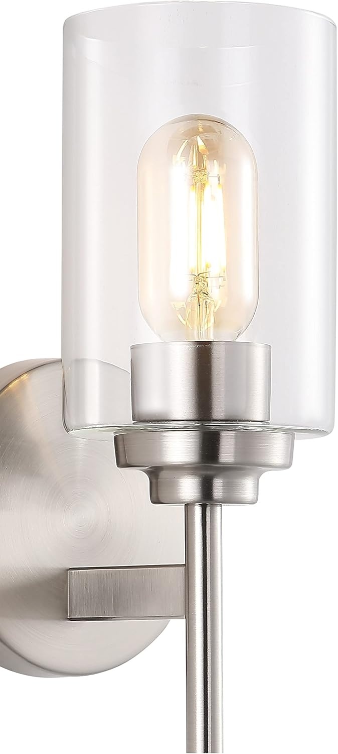 image:imageJONATHAN Y 13 Black Clear 1Light Metal Cylinder Wall Sconce Farmhouse Industrial Modern Indoor Lighting for Hallway Bathroom with Glass Shade LED Bulb Included JYL9547DNickel