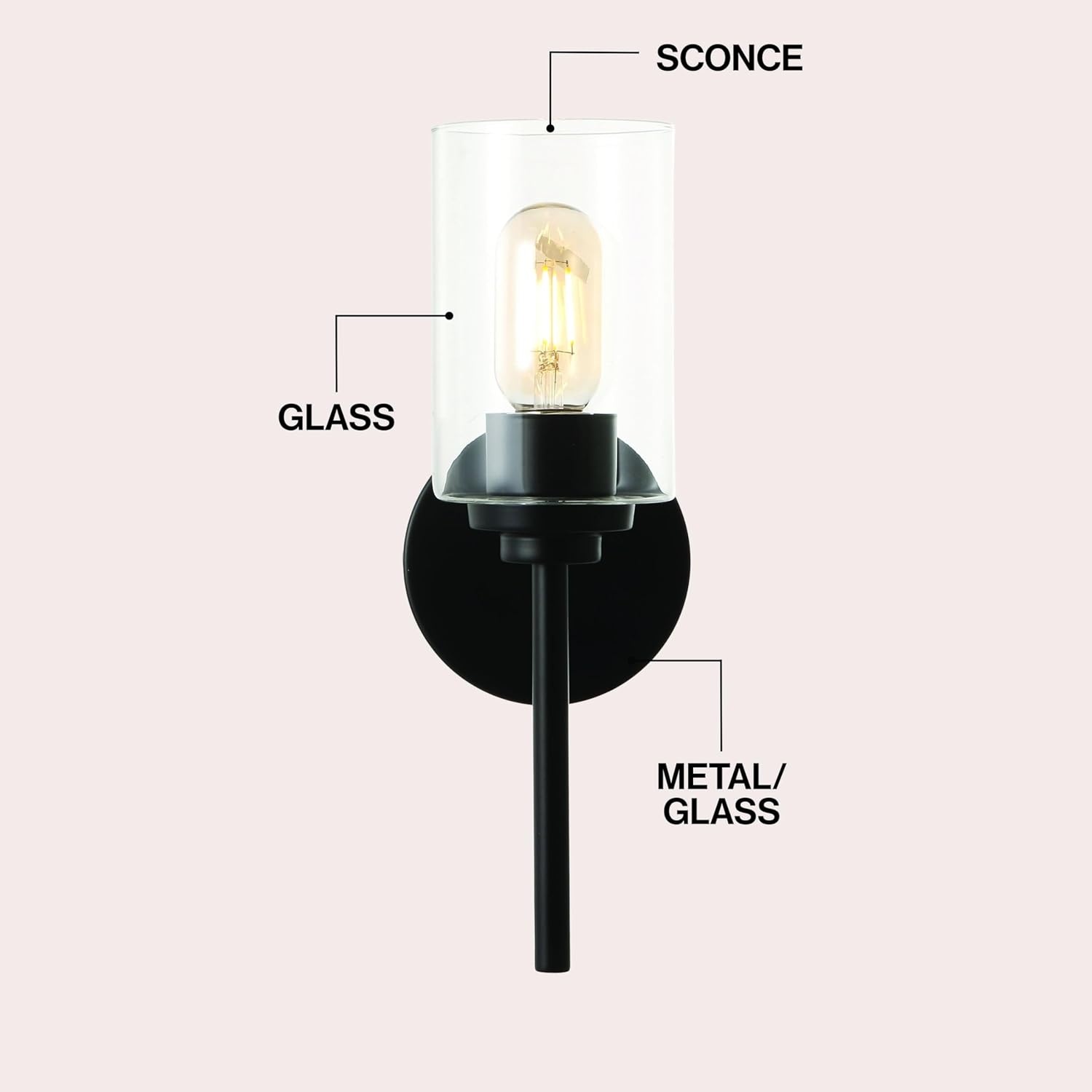 image:imageJONATHAN Y 13 Black Clear 1Light Metal Cylinder Wall Sconce Farmhouse Industrial Modern Indoor Lighting for Hallway Bathroom with Glass Shade LED Bulb Included JYL9547DBlack