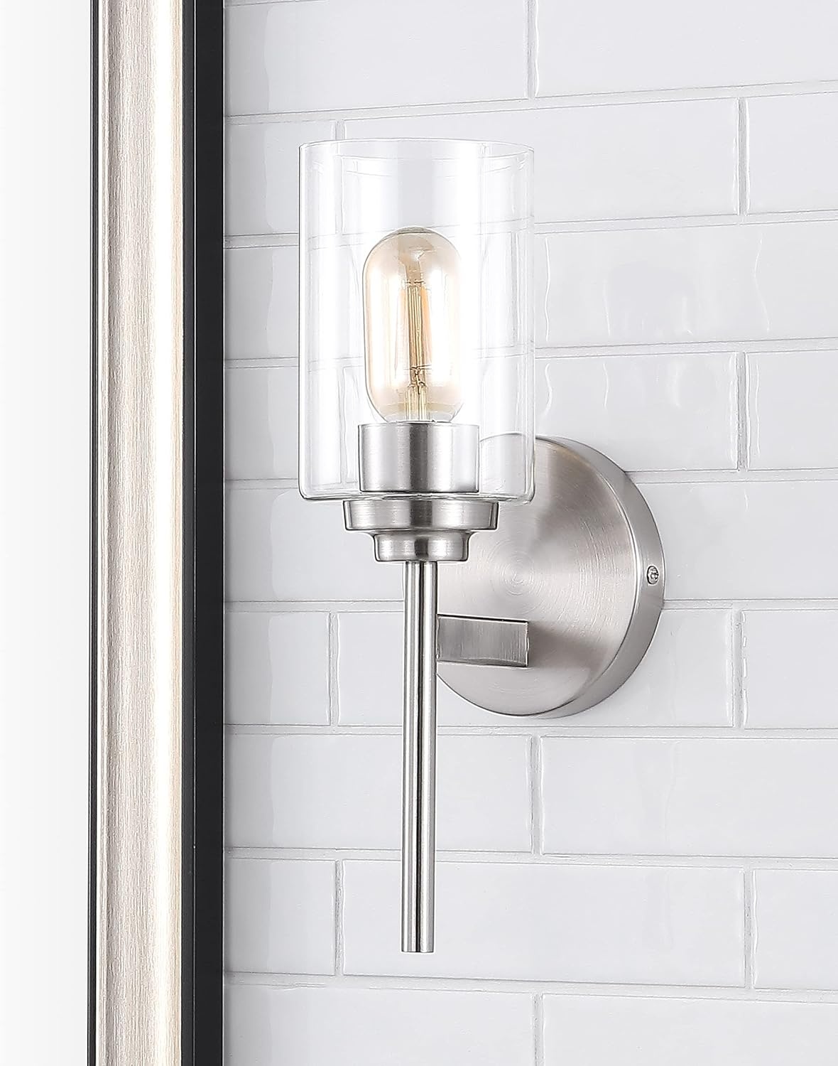 image:imageJONATHAN Y 13 Black Clear 1Light Metal Cylinder Wall Sconce Farmhouse Industrial Modern Indoor Lighting for Hallway Bathroom with Glass Shade LED Bulb Included JYL9547DNickel