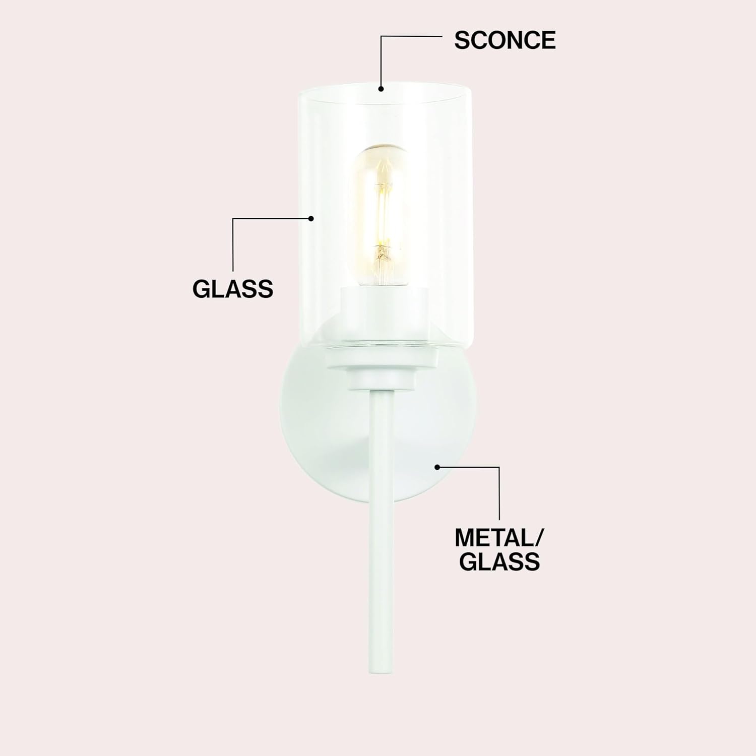 image:imageJONATHAN Y 13 Black Clear 1Light Metal Cylinder Wall Sconce Farmhouse Industrial Modern Indoor Lighting for Hallway Bathroom with Glass Shade LED Bulb Included JYL9547DWhite