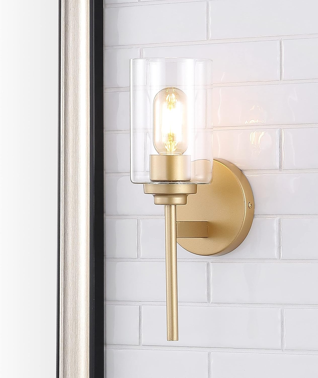 image:imageJONATHAN Y 13 Black Clear 1Light Metal Cylinder Wall Sconce Farmhouse Industrial Modern Indoor Lighting for Hallway Bathroom with Glass Shade LED Bulb Included JYL9547DBrass Gold