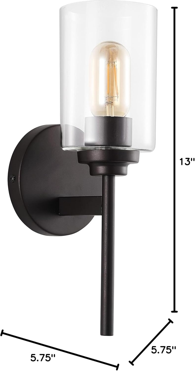 image:imageJONATHAN Y 13 Black Clear 1Light Metal Cylinder Wall Sconce Farmhouse Industrial Modern Indoor Lighting for Hallway Bathroom with Glass Shade LED Bulb Included JYL9547DOilRubbed Bronze