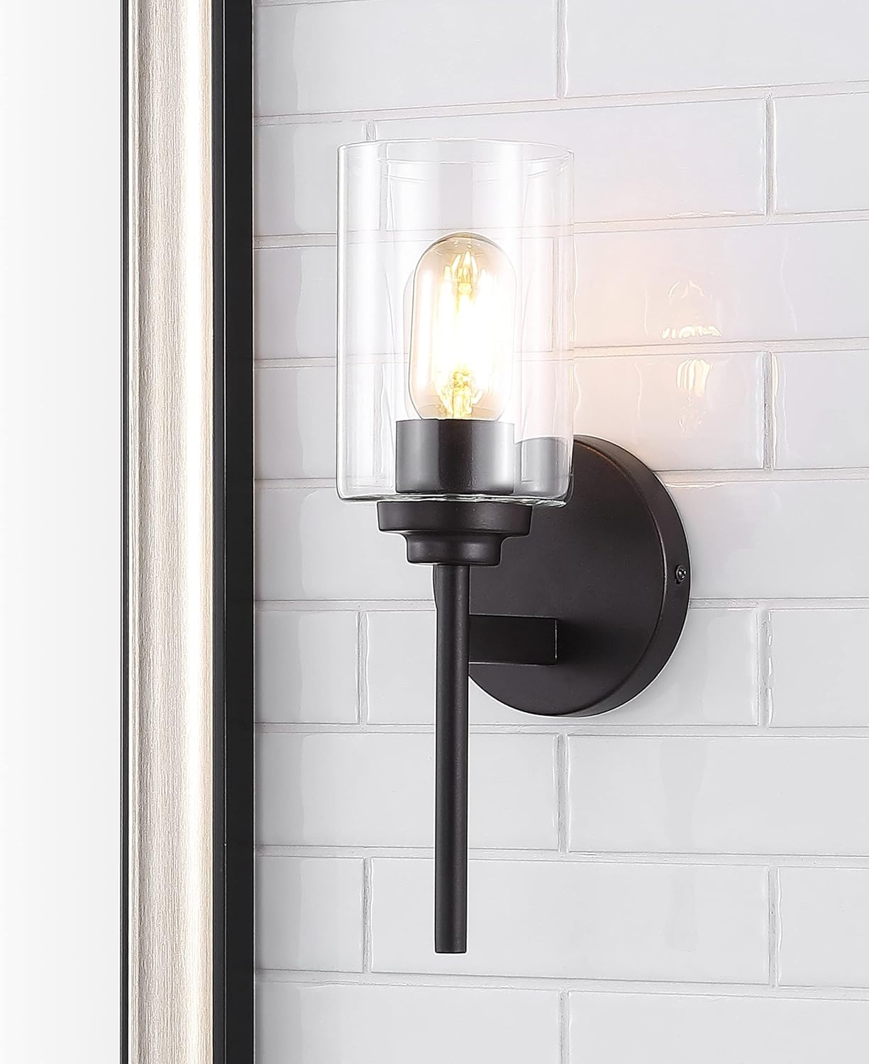 image:imageJONATHAN Y 13 Black Clear 1Light Metal Cylinder Wall Sconce Farmhouse Industrial Modern Indoor Lighting for Hallway Bathroom with Glass Shade LED Bulb Included JYL9547DOilRubbed Bronze
