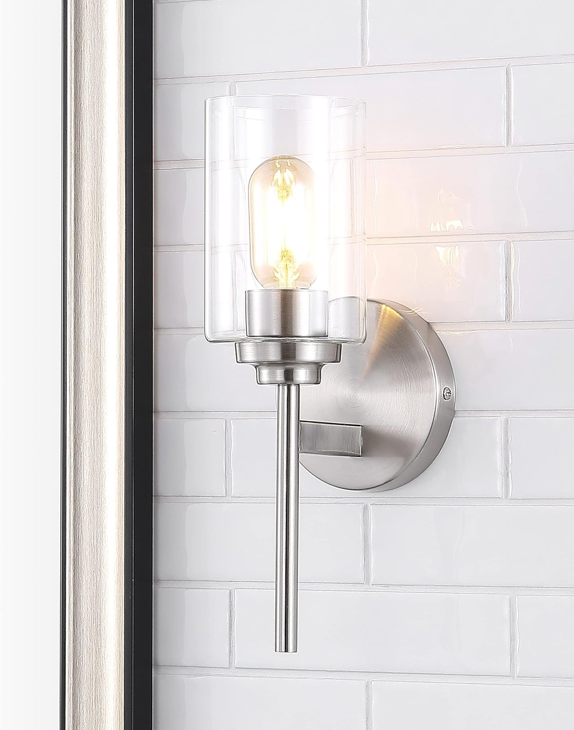 image:imageJONATHAN Y 13 Black Clear 1Light Metal Cylinder Wall Sconce Farmhouse Industrial Modern Indoor Lighting for Hallway Bathroom with Glass Shade LED Bulb Included JYL9547DNickel