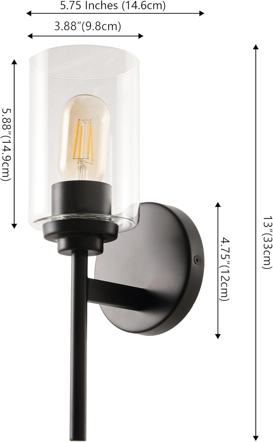image:imageJONATHAN Y 13 Black Clear 1Light Metal Cylinder Wall Sconce Farmhouse Industrial Modern Indoor Lighting for Hallway Bathroom with Glass Shade LED Bulb Included JYL9547DBlack