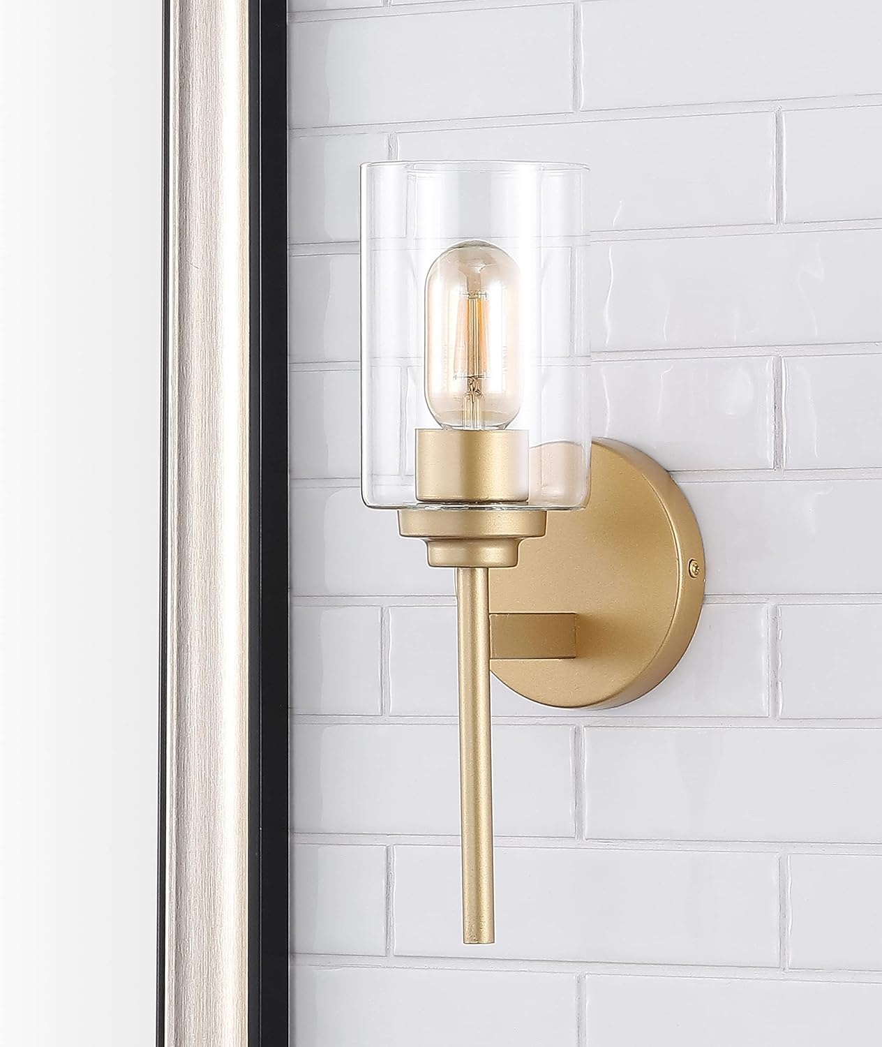 image:imageJONATHAN Y 13 Black Clear 1Light Metal Cylinder Wall Sconce Farmhouse Industrial Modern Indoor Lighting for Hallway Bathroom with Glass Shade LED Bulb Included JYL9547DBrass Gold