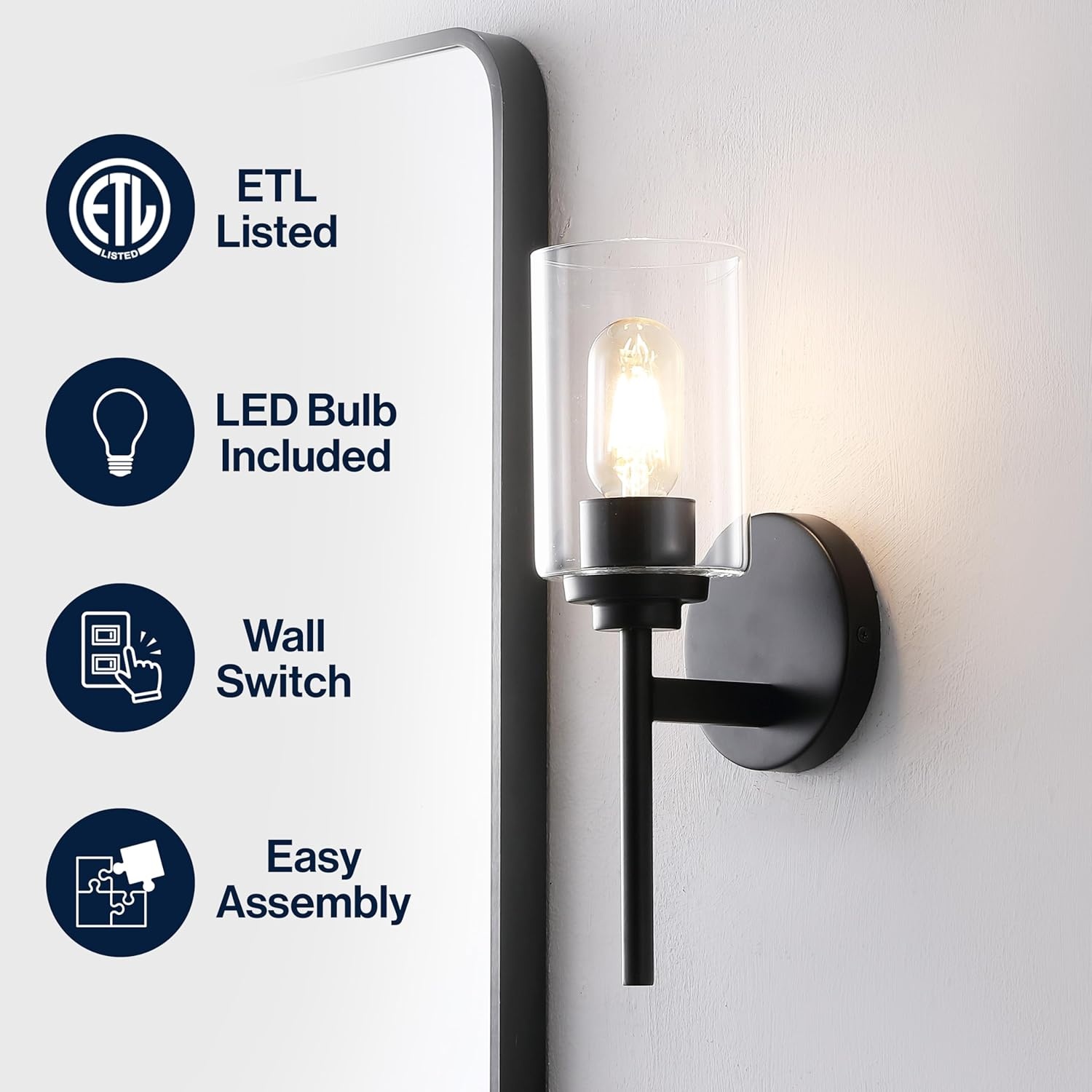 image:imageJONATHAN Y 13 Black Clear 1Light Metal Cylinder Wall Sconce Farmhouse Industrial Modern Indoor Lighting for Hallway Bathroom with Glass Shade LED Bulb Included JYL9547DBlack