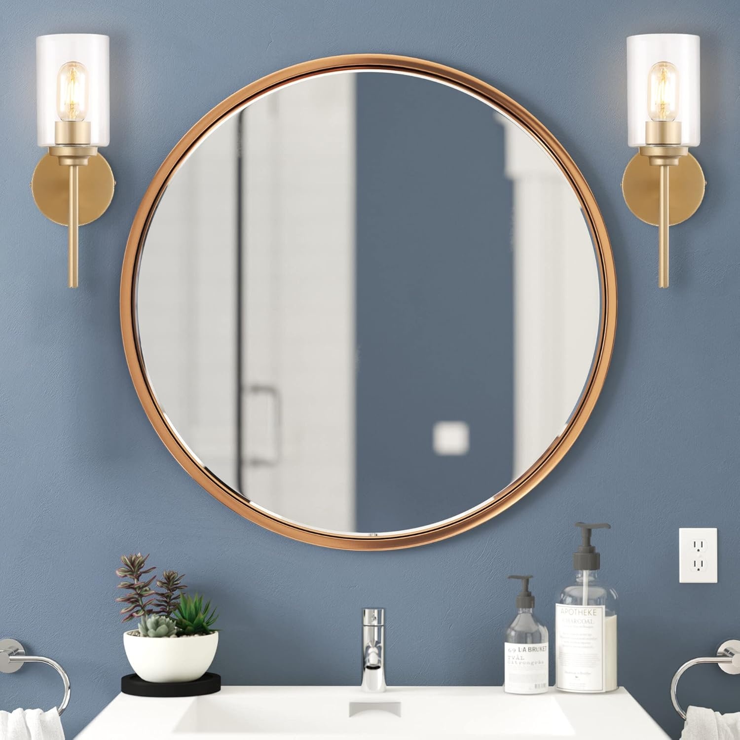 image:imageJONATHAN Y 13 Black Clear 1Light Metal Cylinder Wall Sconce Farmhouse Industrial Modern Indoor Lighting for Hallway Bathroom with Glass Shade LED Bulb Included JYL9547DBrass Gold