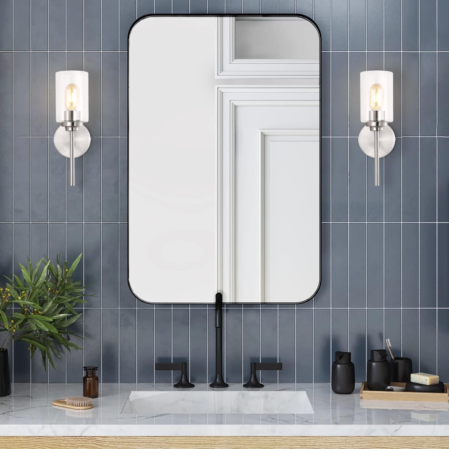 image:imageJONATHAN Y 13 Black Clear 1Light Metal Cylinder Wall Sconce Farmhouse Industrial Modern Indoor Lighting for Hallway Bathroom with Glass Shade LED Bulb Included JYL9547DNickel